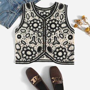Black Boho Womens Floral Pattern Button Front Sweater Vest
